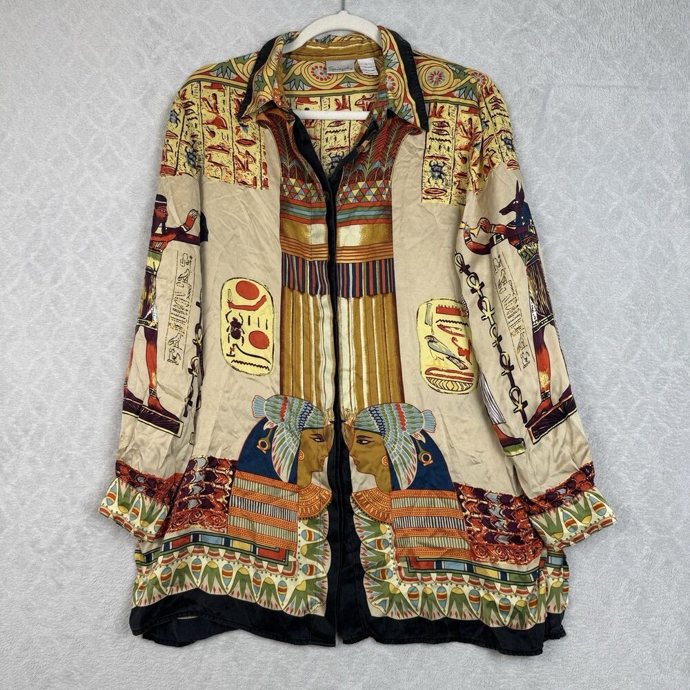 Vtg 90s Spiegel 100% Silk Top Womens Large Egyptian Art to Wear Cleopatra Blouse